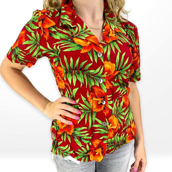 90s NOTATIONS Vintage Red Floral Hawaiian Print Button Up - Picture 1 of 9